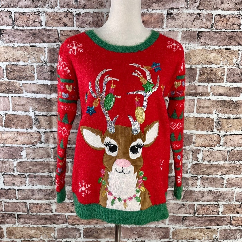 Holiday Time Womens XL 14-16 Plus Red Reindeer Sequin Ugly Christmas Sweater
